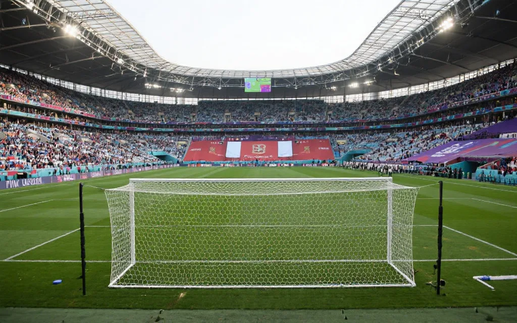 足球场内景视角，大片看台与绿色草坪，观众入场前的仪式感氛围