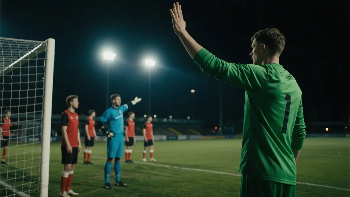 夜间球场中后卫指挥防线站位与门将沟通的场景